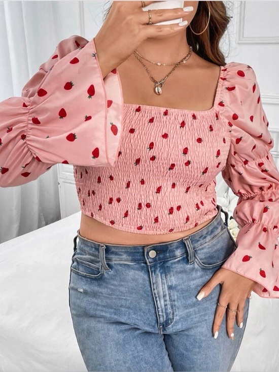 SHEIN Tops - Pink Strawberry Smocked Square-Neck Crop Top plus size by SHEIN
